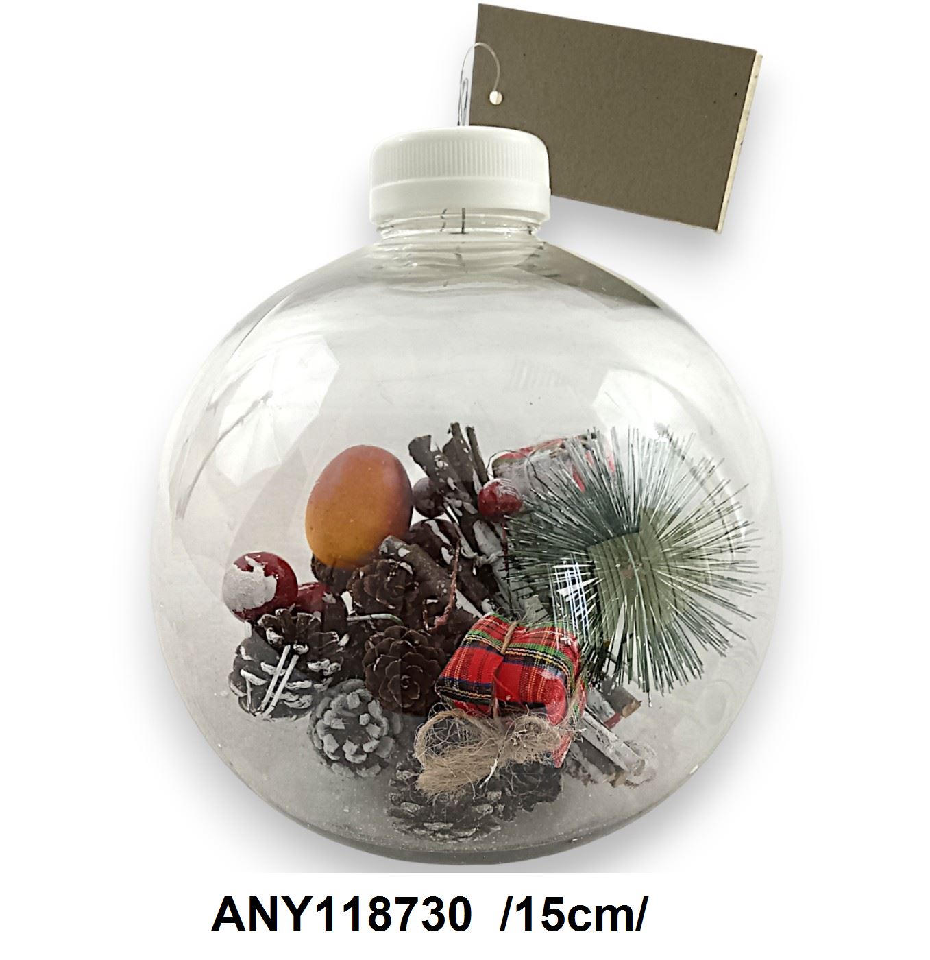 Akasztós gömb díszben fenyõ, tobozok, golyók, mûhó, ágak, ajándékok /15cm/ Fő kép