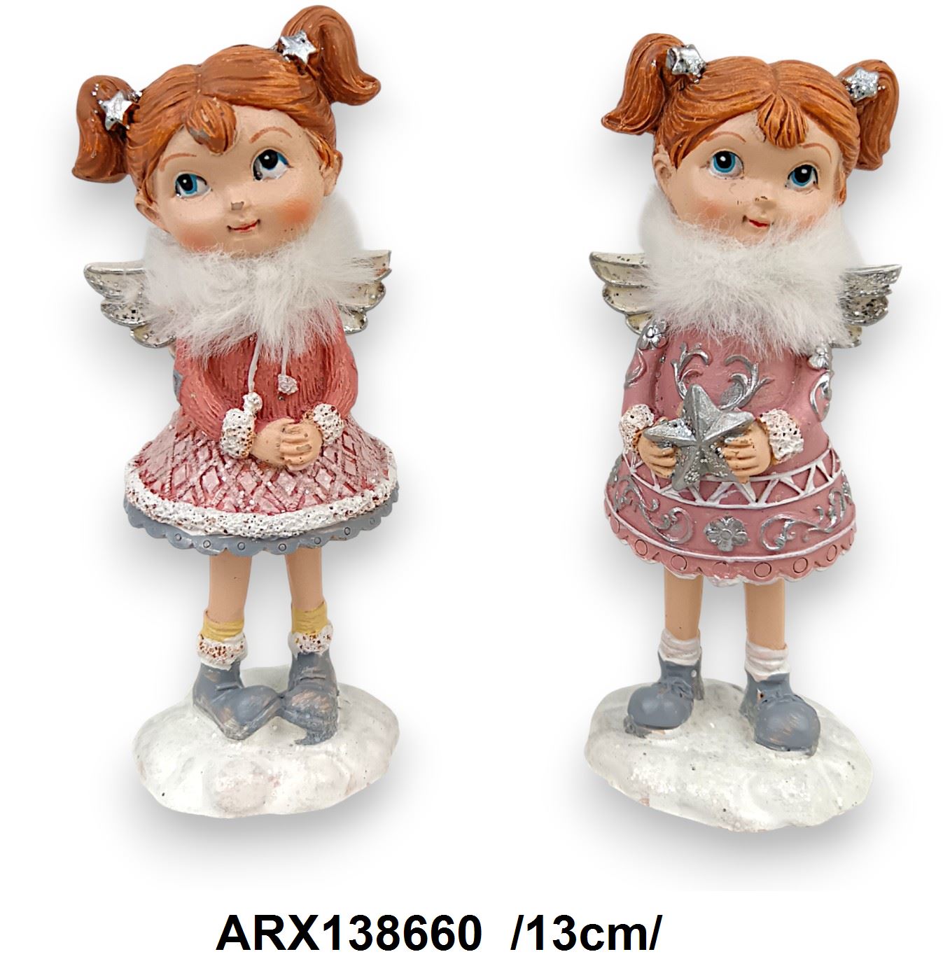 Szõrmesálas, csillagot tartó szoknyás kislány angyalkák, polirezin /13cm/ Fő kép