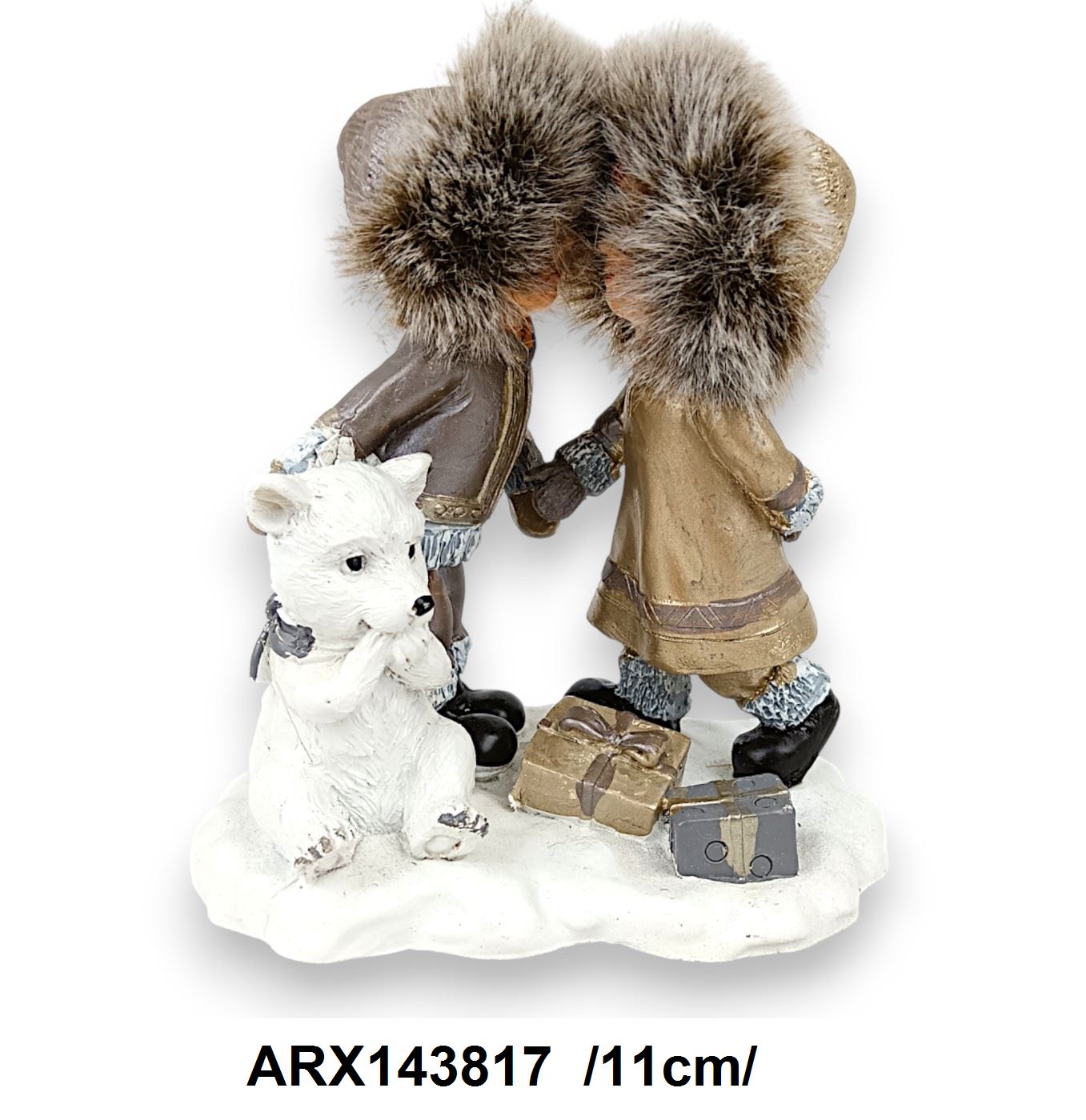 Eszkimó gyerekek, jegesmacival, ajándékokkal, polirezin /11cm/