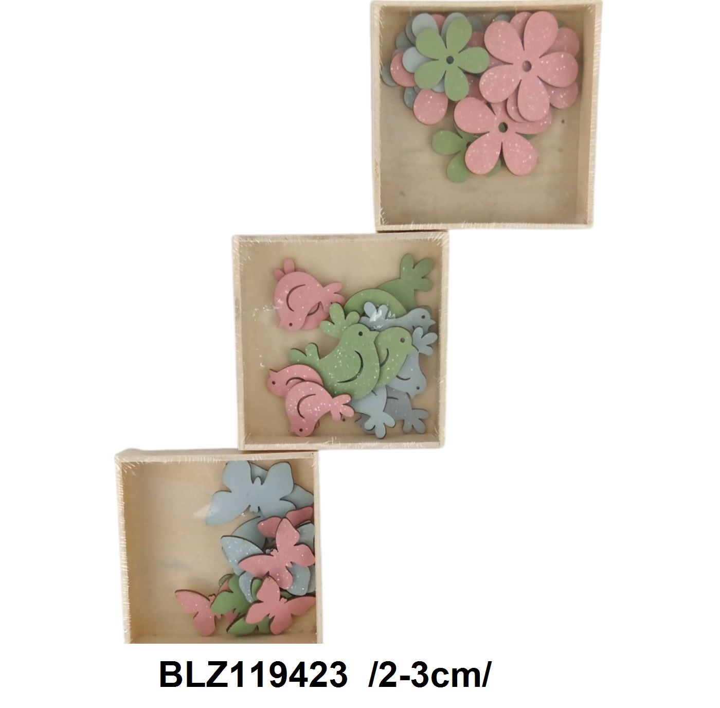 Fa virág, lepke, madár, színes-glitteres figurák dobozban /2-3cm/ Fő kép