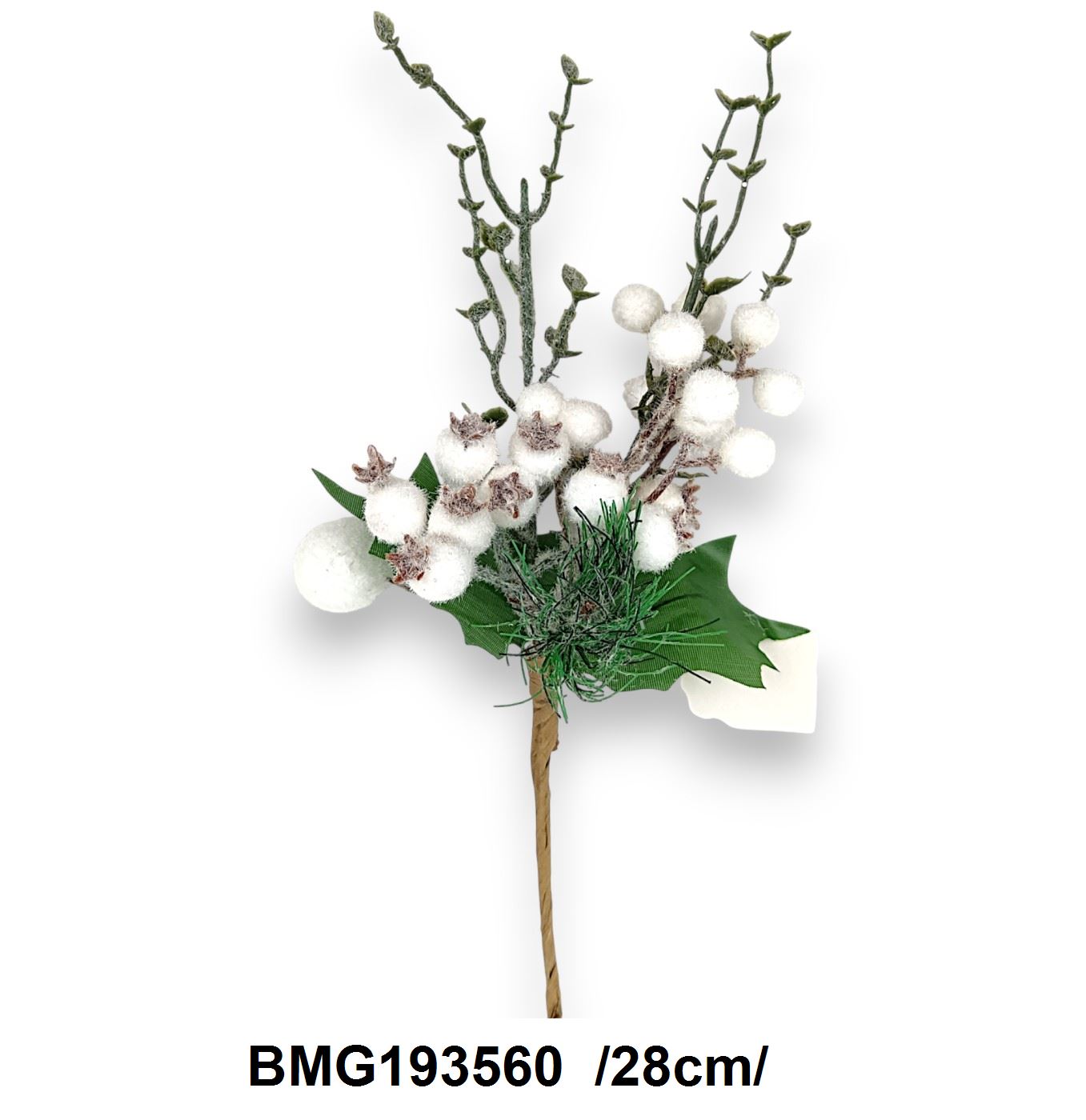 Fehér flokkolt gömb, csipkegolyó, ág pick fenyõvel /28cm/ Fő kép