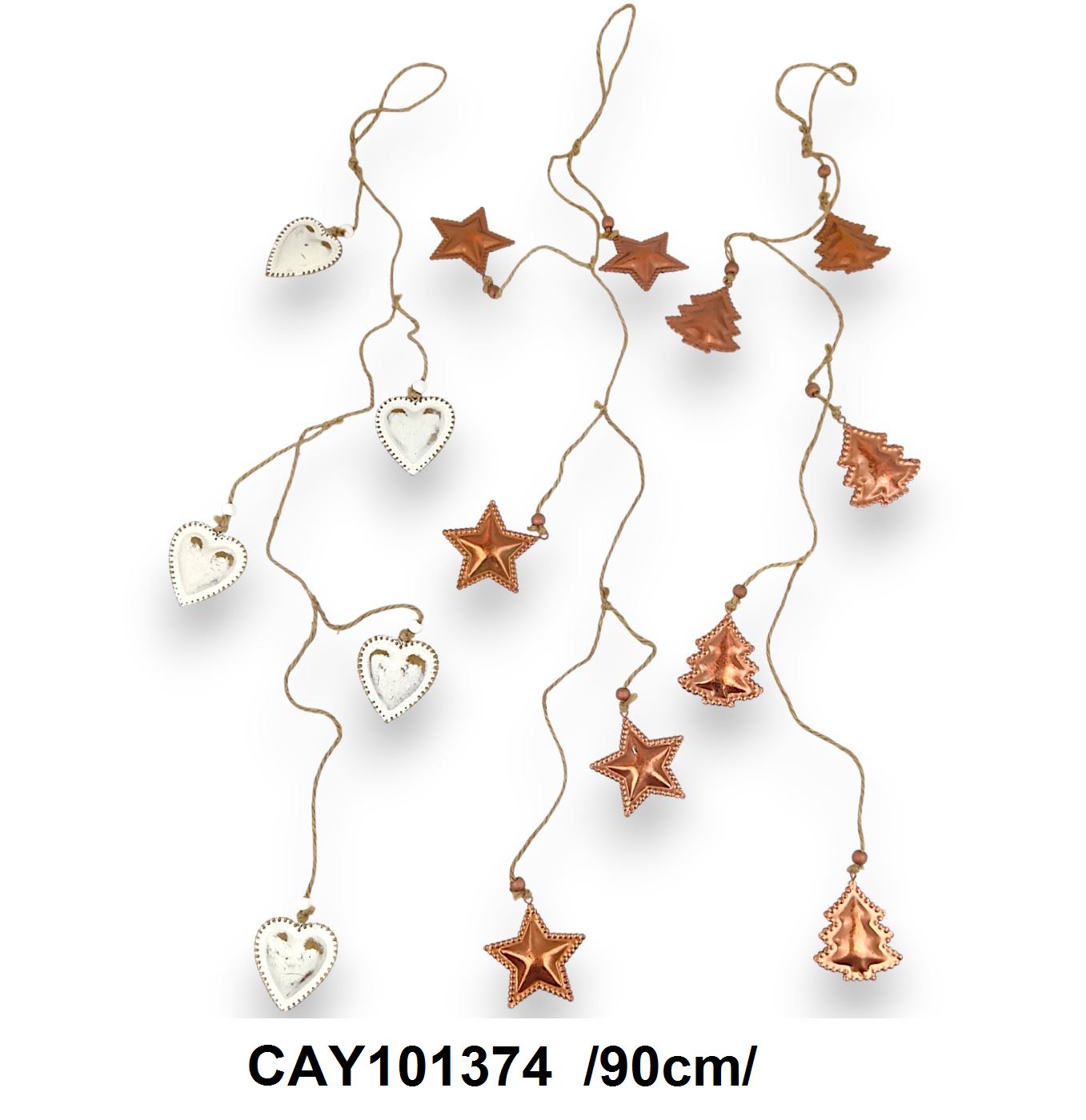 Fém, bronz és metálos girland csillag/fenyõ/szív /90cm/