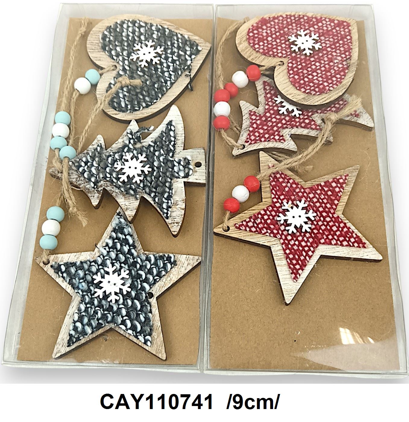 Akasztós fadíszek (szív, csillag, fenyõ) fonallal átszõve, hópihével  /9cm/ Fő kép