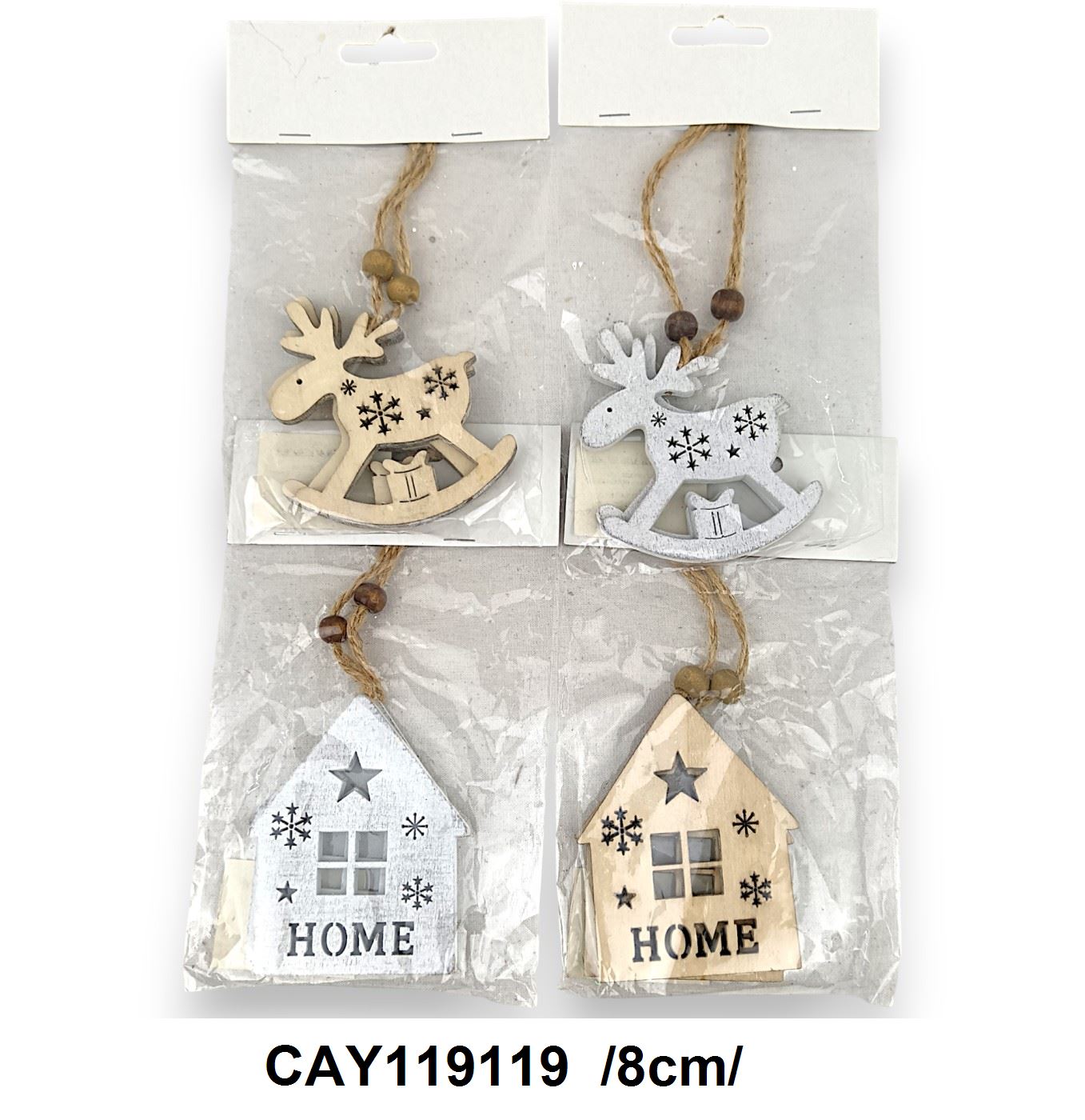 Áttört fa ''Home''-os házikó, hintarénszarvas akasztóval /8cm/ Fő kép