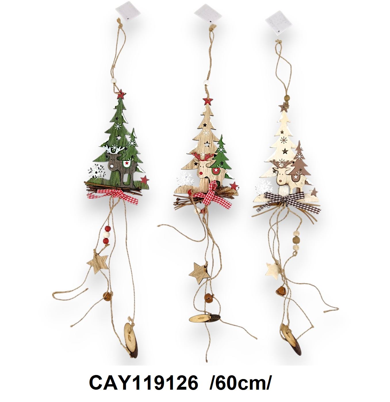 Áttört fa fenyõs, rénszarvasos ajtódísz kockás szalaggal, csengettyûvel /60cm/ Fő kép