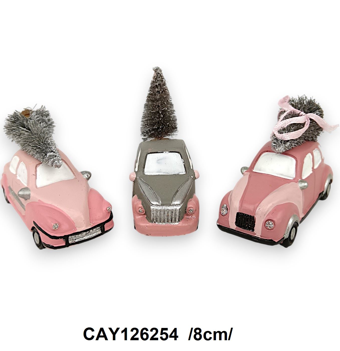 Rózsaszín, karácsonyfát szállító kisautók, polirezin /8cm/ Fő kép