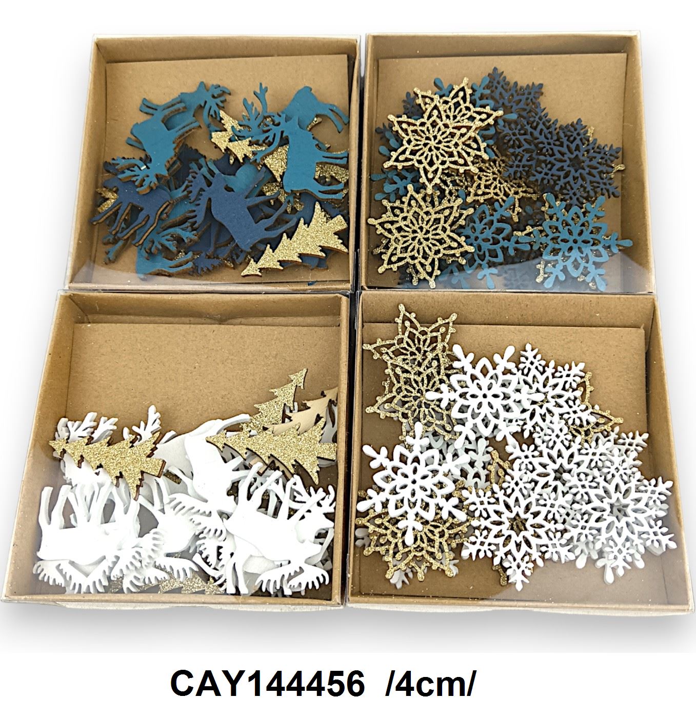 Festett és glitteres fa hópihe, házikó, fenyõ, szarvas dobozban /4cm/ Fő kép