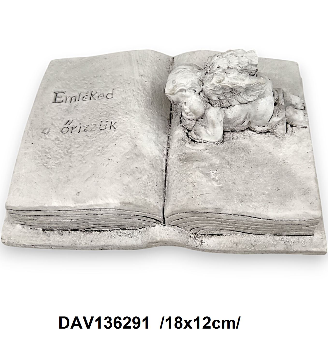 "Emléked õrizzük" könyv angyalkával, cement /18x12cm/