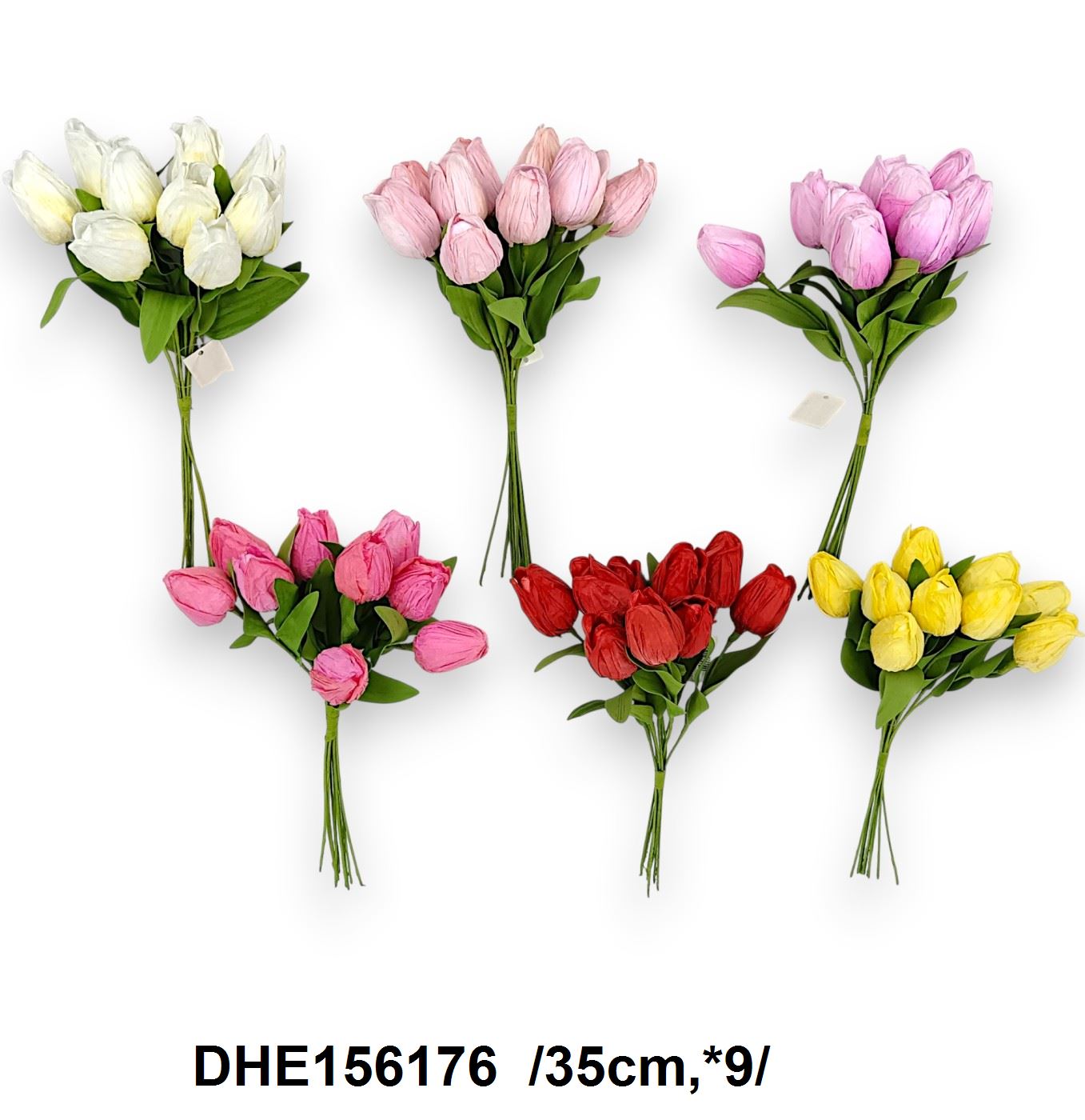 Krepp-papírral bevont tulipán köteg, polifoam levelekkel /35cm,*9/ Fő kép