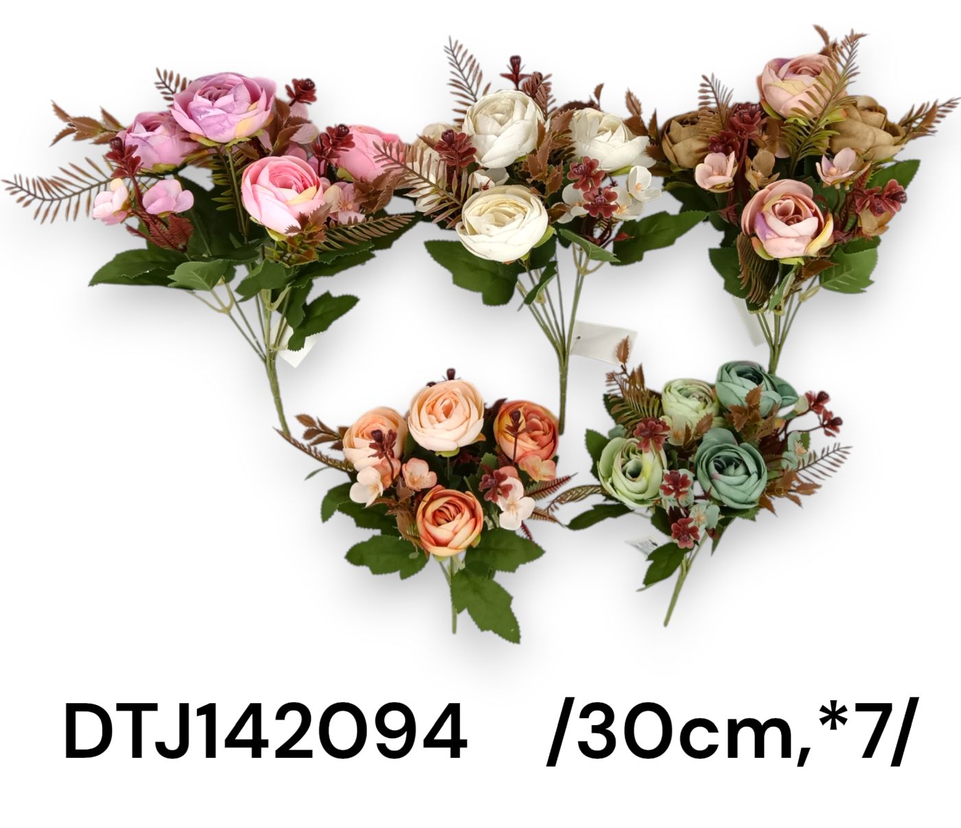 Pasztel kis ranunculus csokor, kis virágokkal, mûanyag levelekkel /30cm,*7/