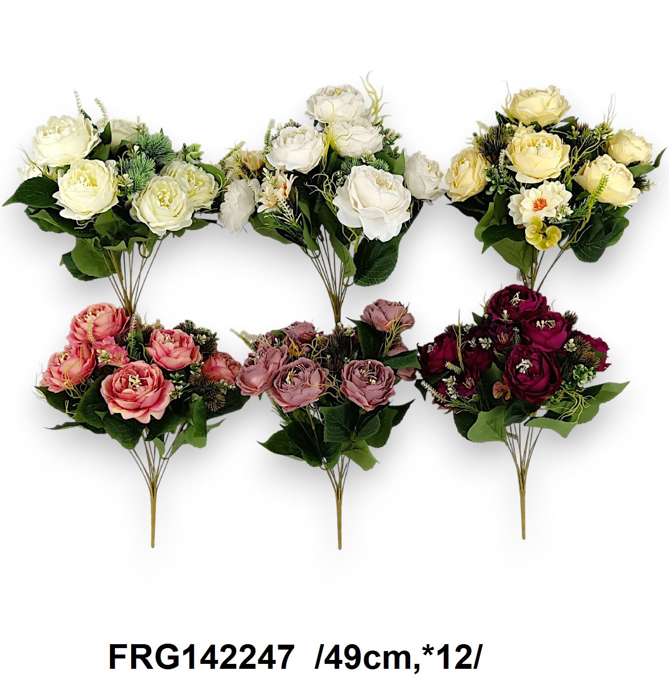 Hosszú építésû,nyílott peónia csokor, kis virágokkal, levelekkel, mûanyag indákkal, bogáncsokkal /49cm,*12/