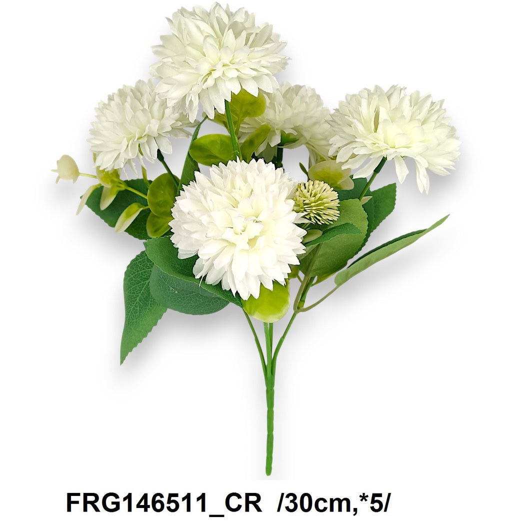 Hegyes szirmú gömbdália csokor, mûanyag fehérített eukaliptusszal és bogánccsal /30cm,*5/