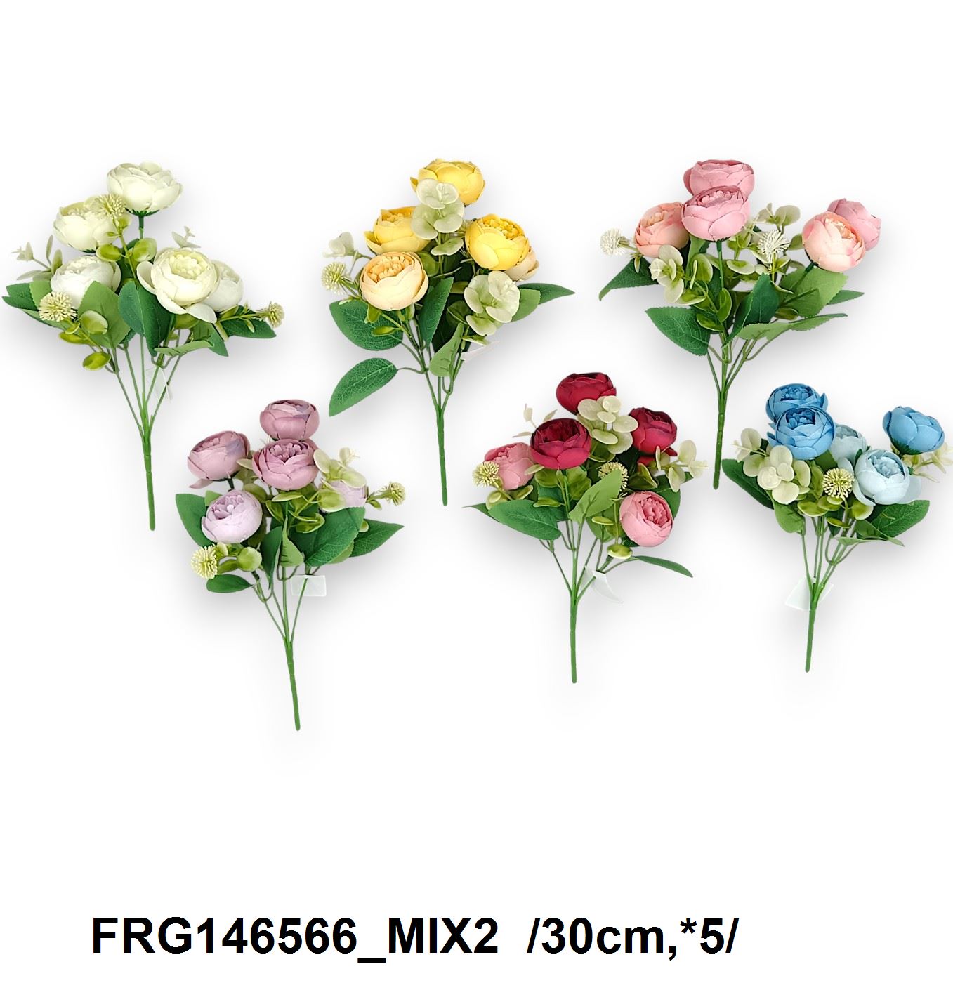 Pasztell ranunculus csokor, mûanyag eukaliptusszal /30cm,*5/ Fő kép