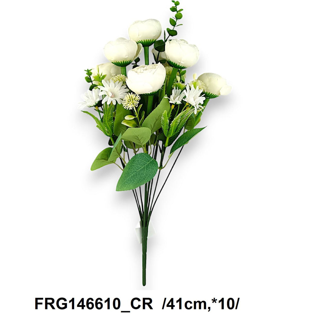 Hosszú építésû, kisfejes ranunculus csokor kis virágokkal, mûanyag eukaliptusszal és bogánccsal  /40cm,*10/