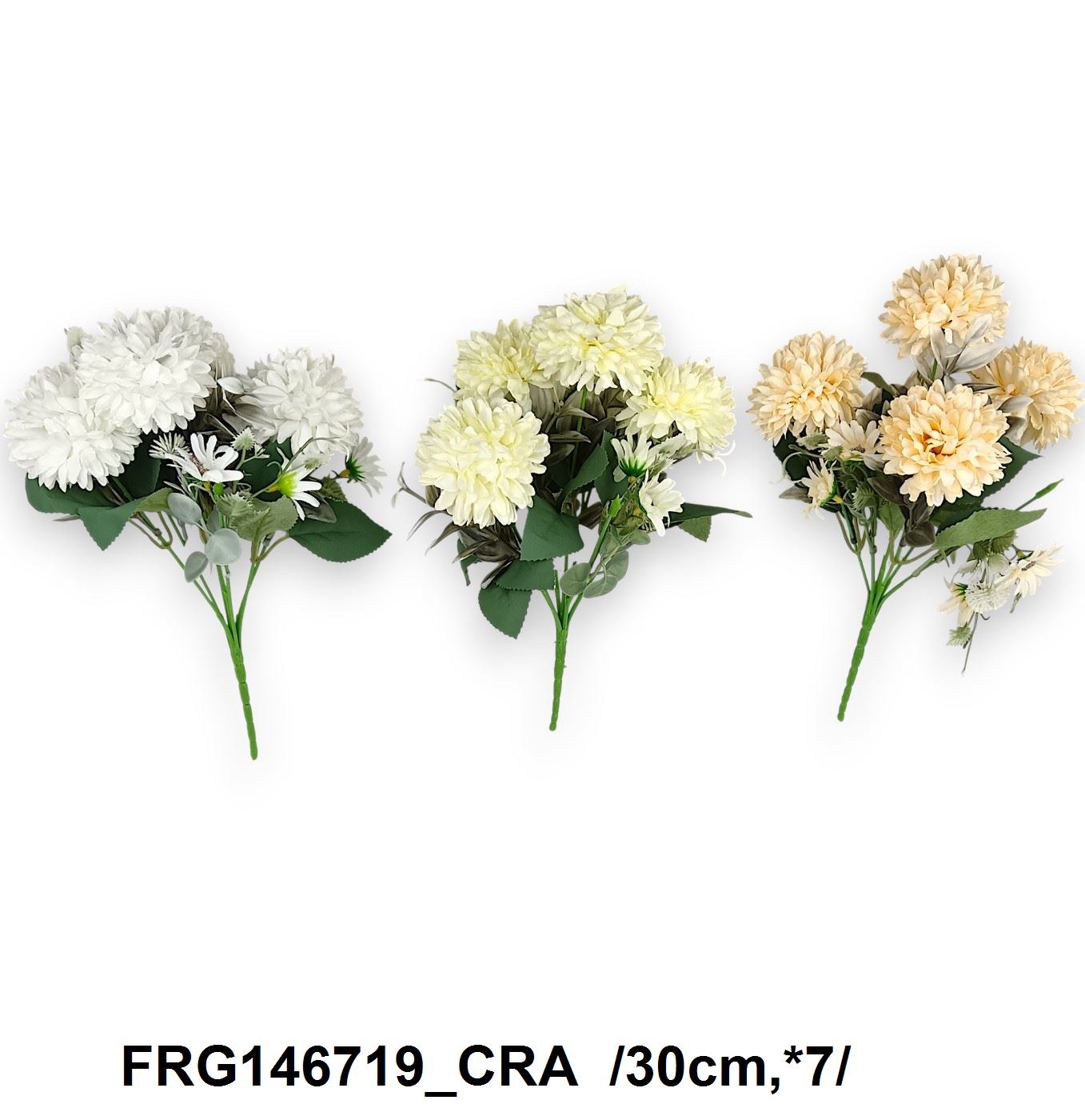 Pasztell gömbdália csokor, kisvirágokkal, mûanyag fehérített levelekkel /30cm,*7/