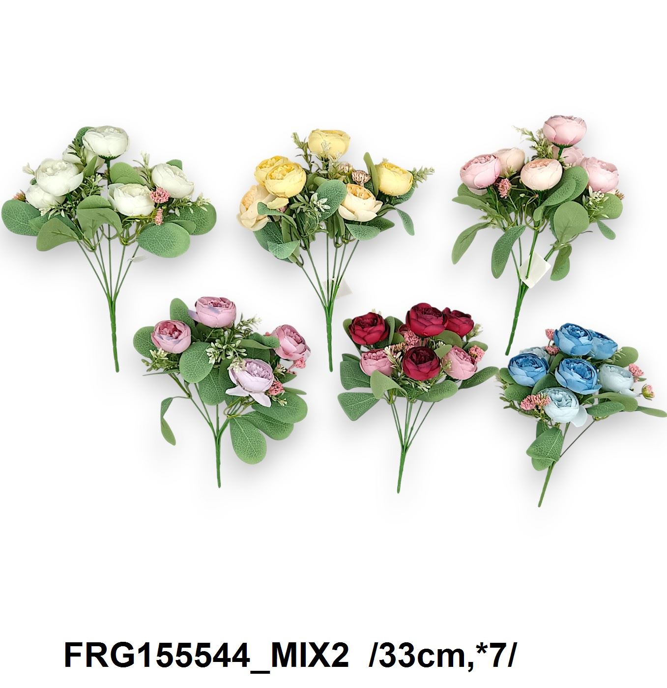 Pasztell boglárkás csokor, reszelékes kisvirágokkal, mûanyag kiegészítõkkel /33cm,*7/ Fő kép