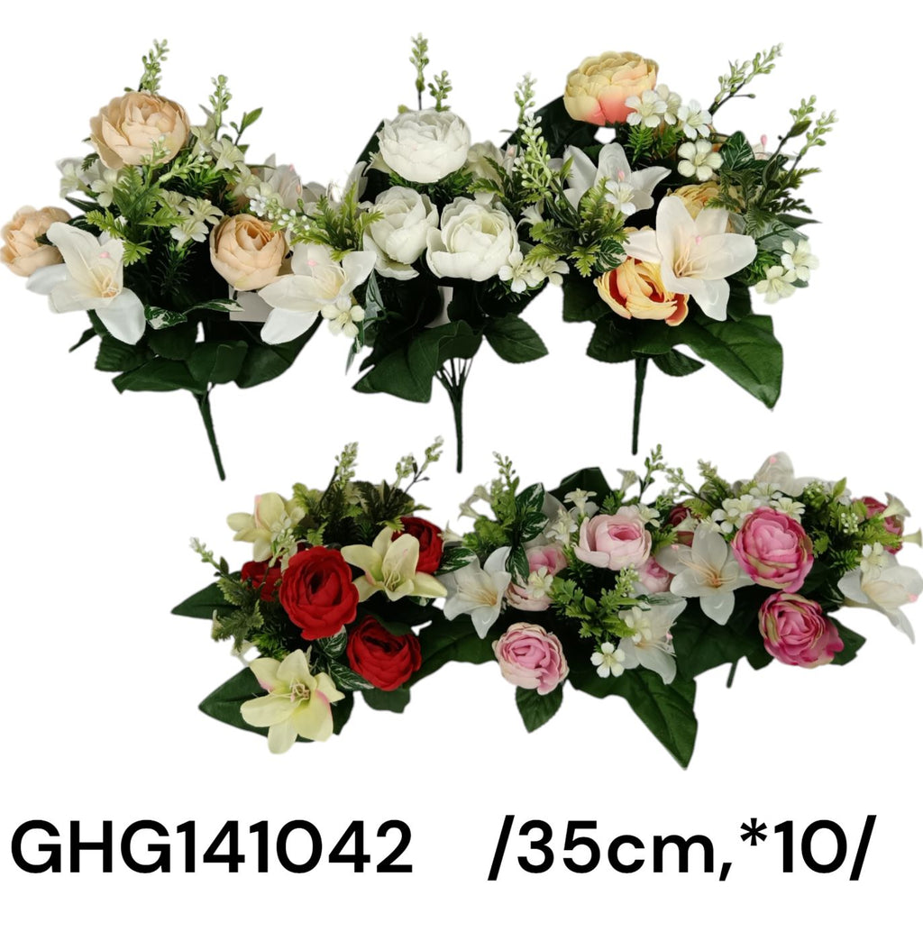 Liliom, ranunculus csokor, mûanyag zöldekkel /35cm,*10/