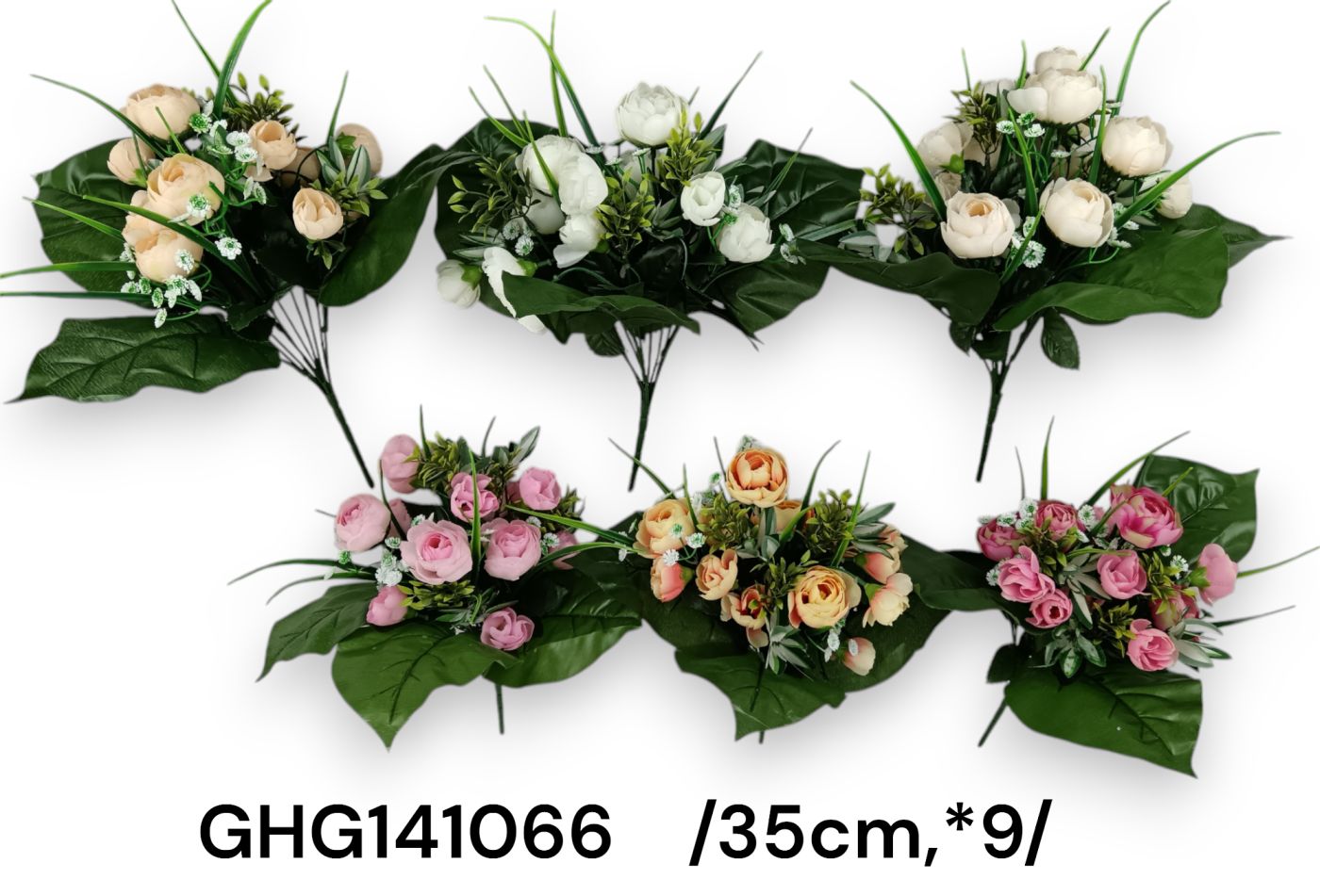 Ranunculus csokor, nagy aljlevelekkel és mûanyag sással /35cm,*9/