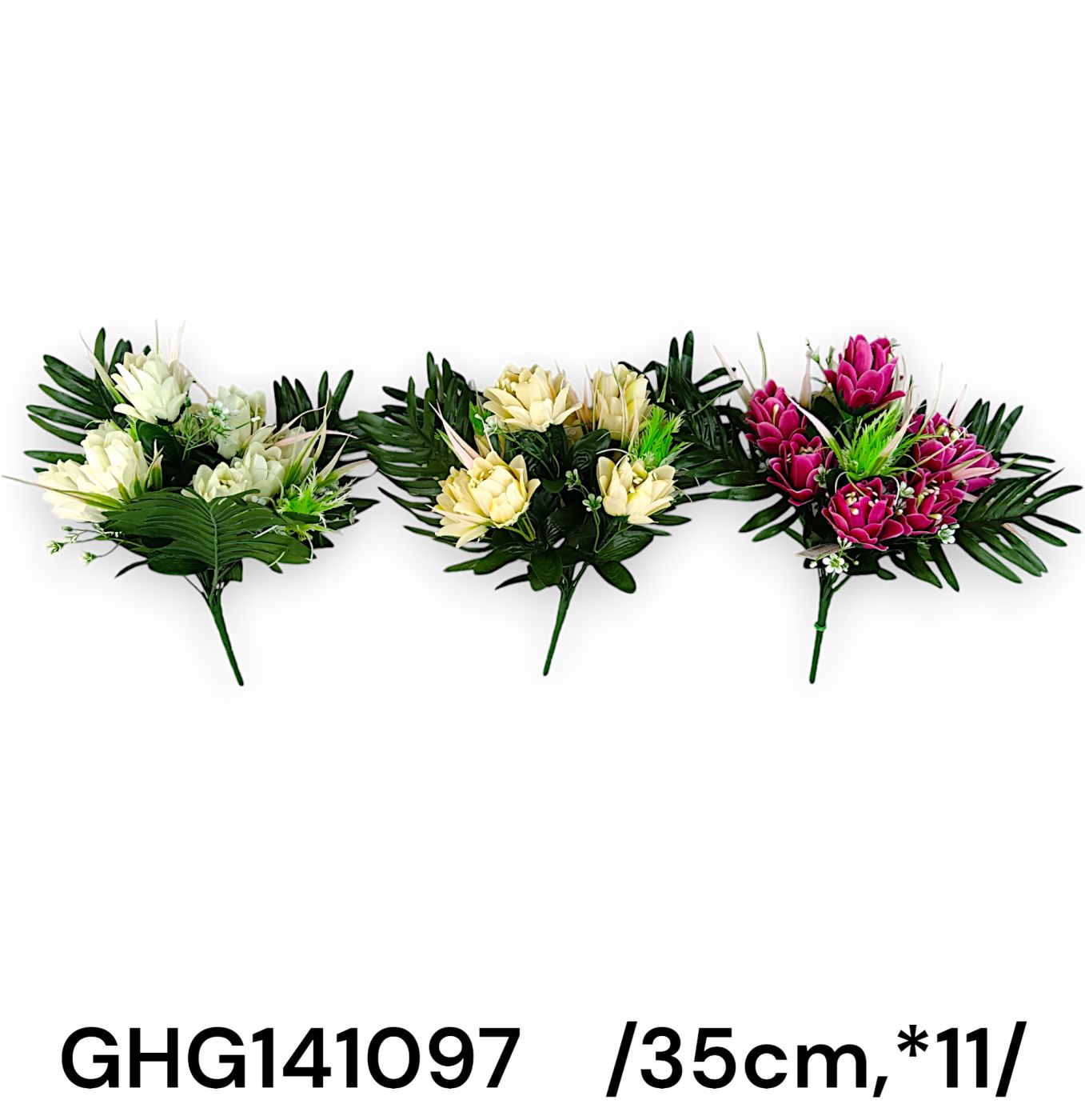 Protea csokor, mûanyag zöldekkel és nagy páfránylevelekkel /35cm,*11/