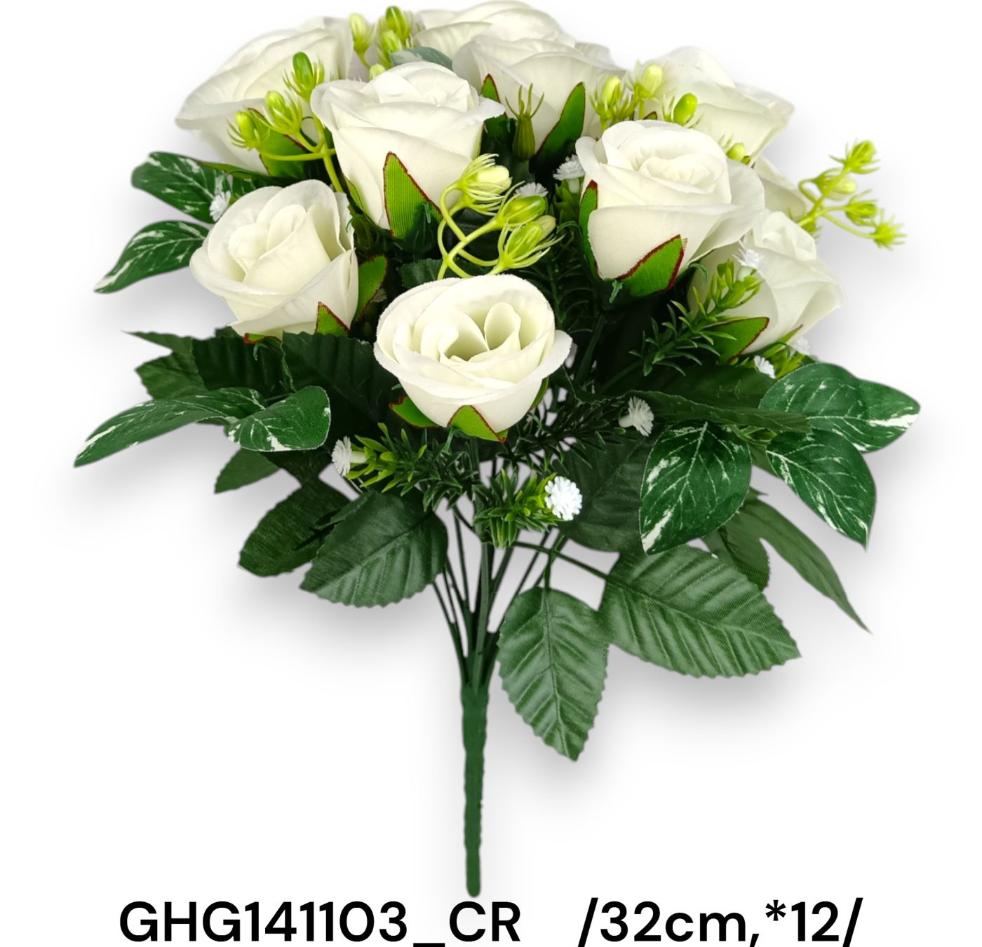 Nyíló fejû rózsacsokor mûanyag zölddel /32cm,*12/