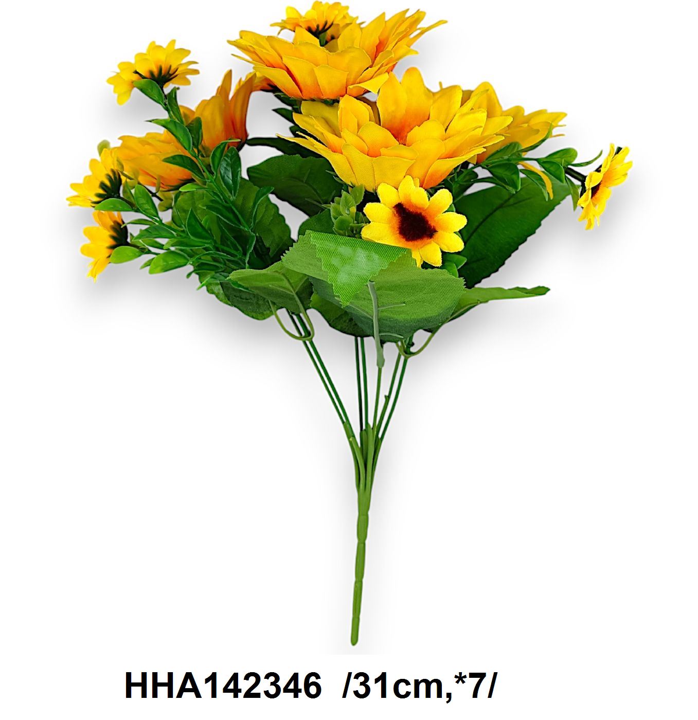 Napraforgó csokor, kis napraforgókkal, mûanyag kiegészítõkkel /31cm,*7/