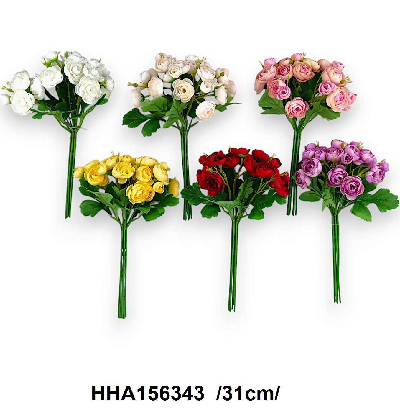 Ranunculus köteg egybeöntött szárral, textil levelekkel, mûanyag bimbókkal /31cm,*21/ Fő kép