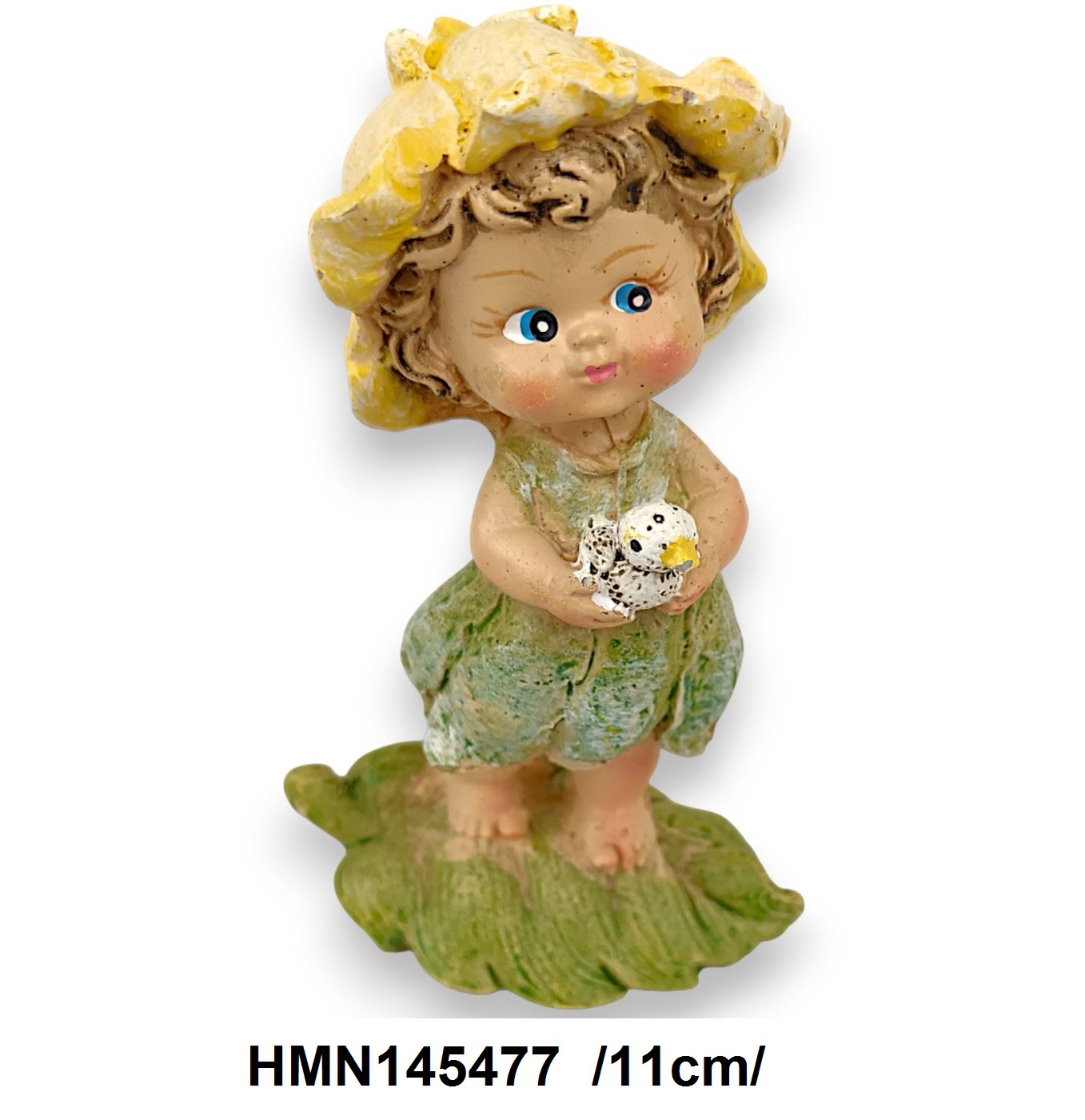 Levélen álló, virág sapis, madarat tartó kislány, polirezin /11cm/ Fő kép