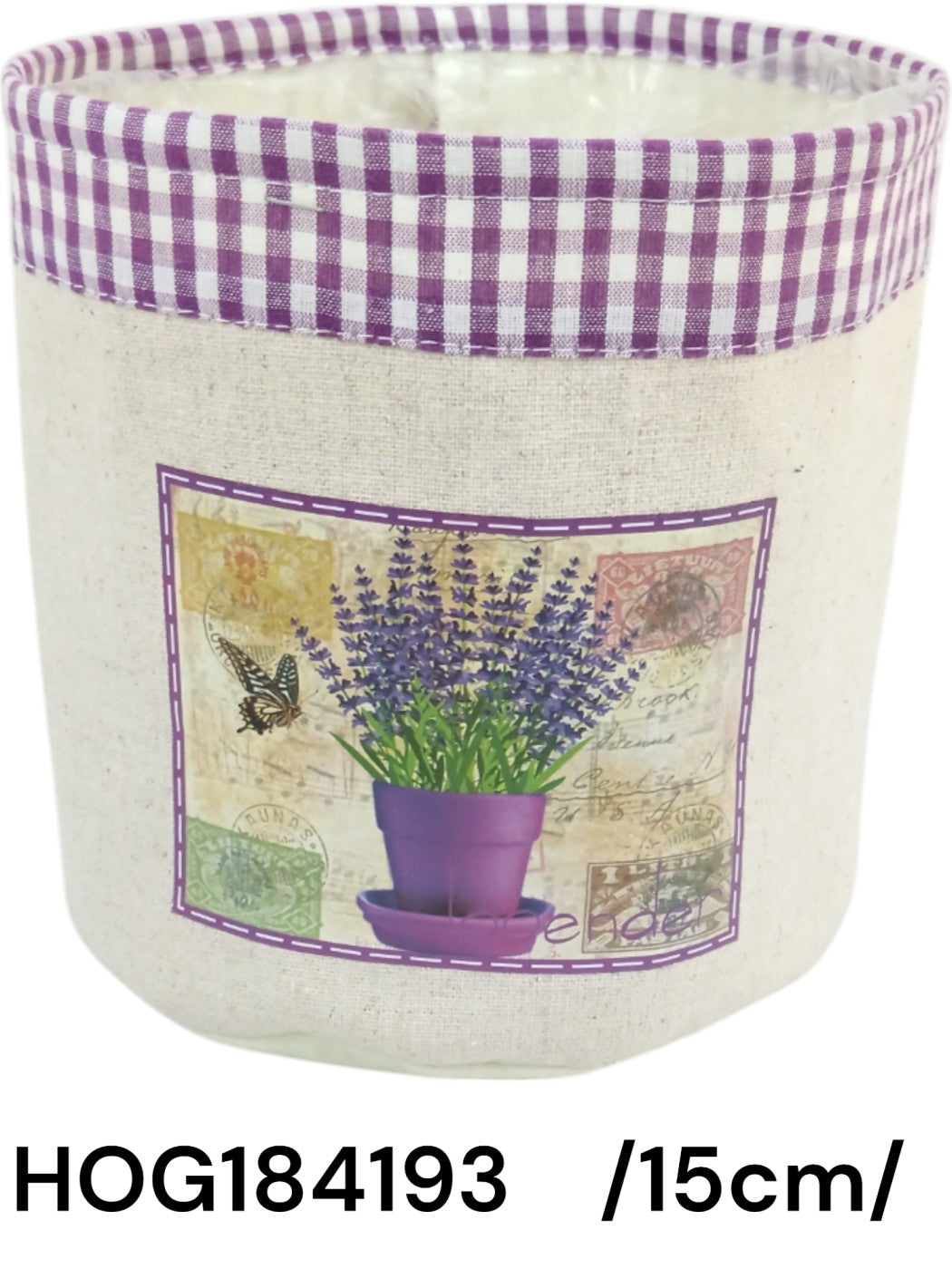 levendulás textil kaspó, kockás széllel