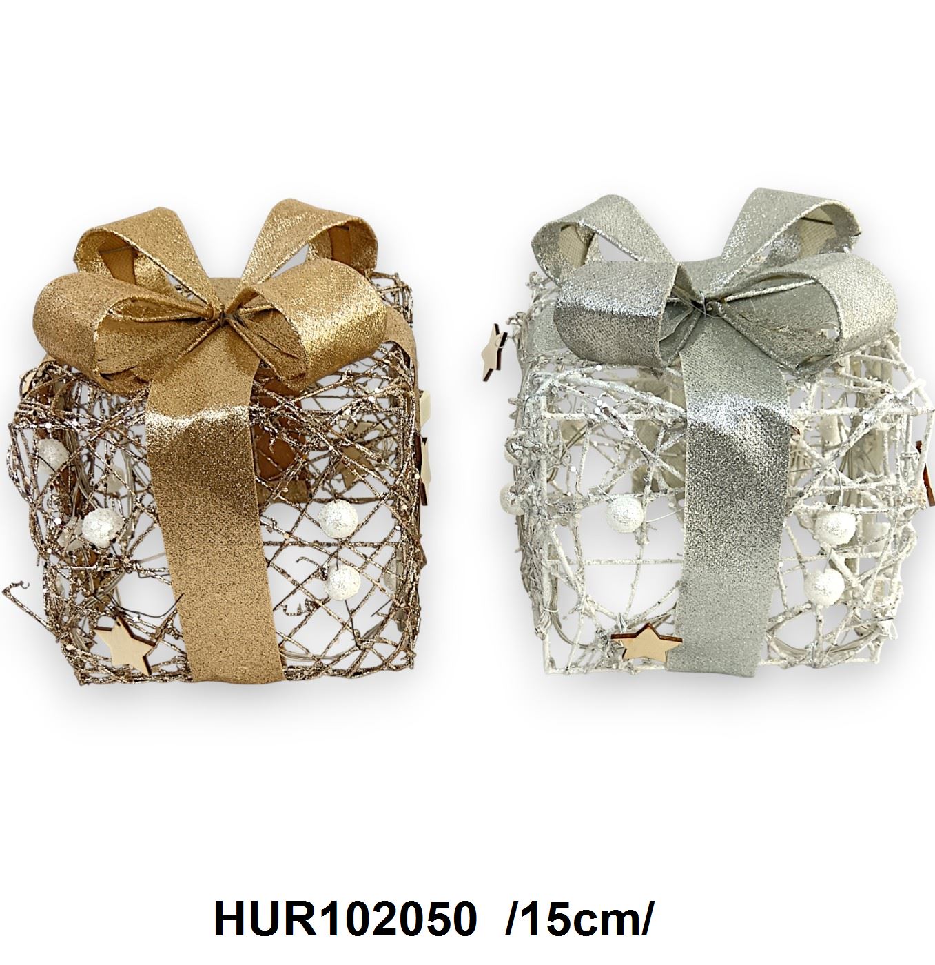 Rattan, világító ajándék csomag, fa csillaggal, hópihével, masnival /15cm/ Fő kép