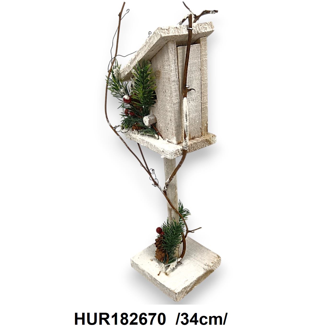 Havas madáretetõ talppal, havas fenyõágakkal, piros golyókkal/34cm/ Fő kép