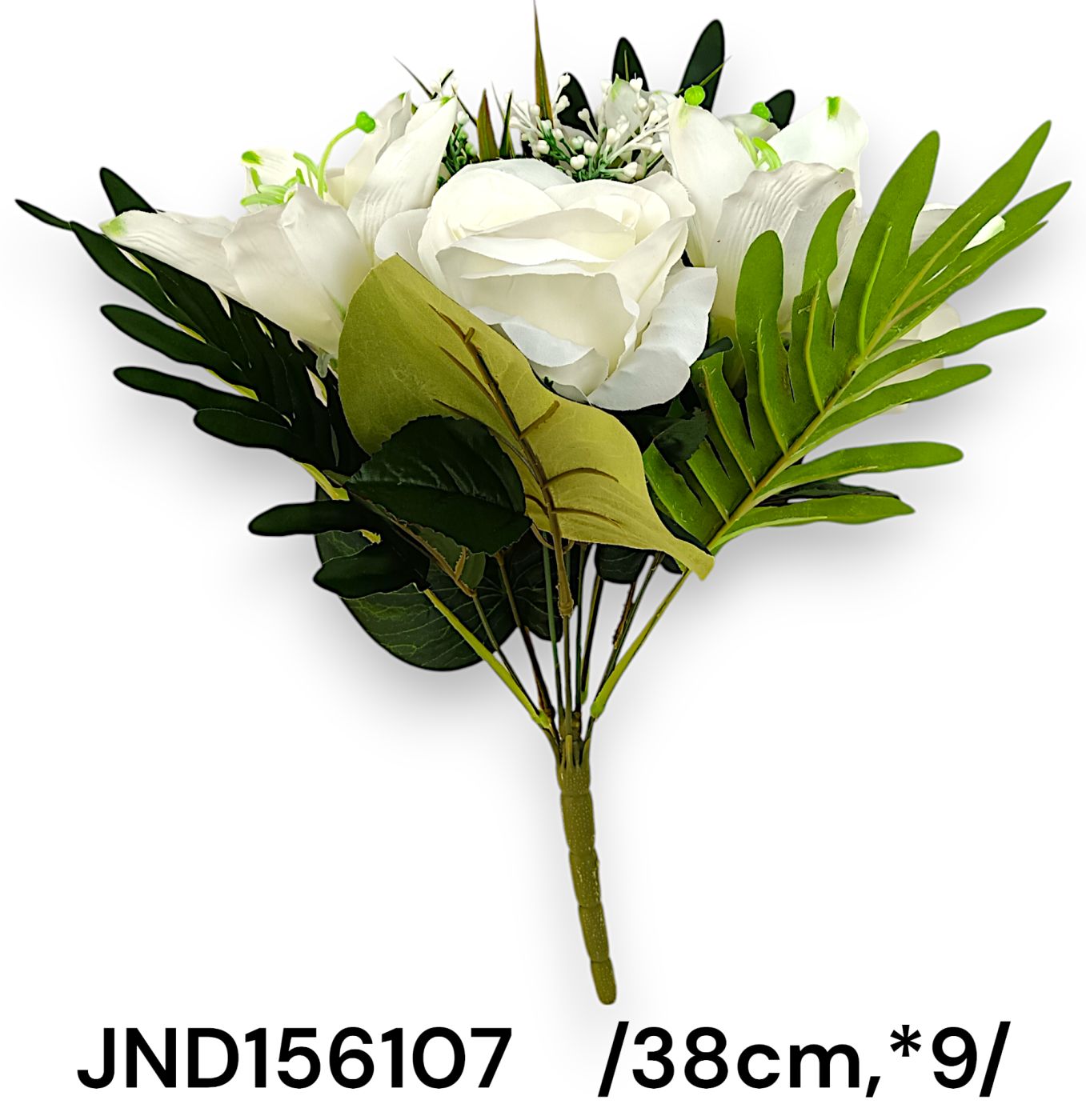 liliom, rózsa kerek csokor *9, nagy aljlevelekkel, mûanyag zölddel Fő kép