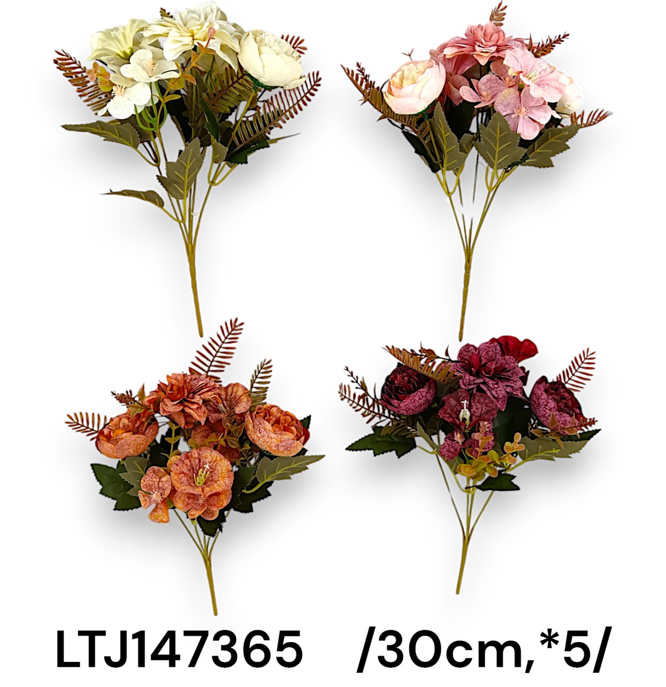 Dália, ranunculus csokor kis virágokkal és mûanyag kiegészítõkkel /30cm,*5/