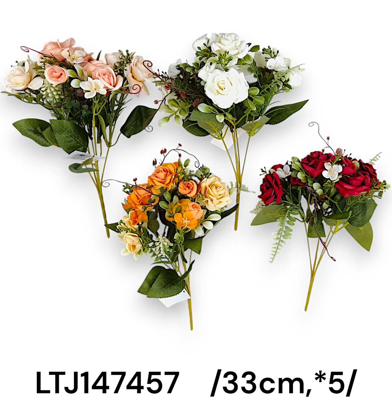 Hosszú építésû, nyílott és bimbós rózsacsokor, mûanyag kiegészítõkkel /33cm,*5/ Fő kép