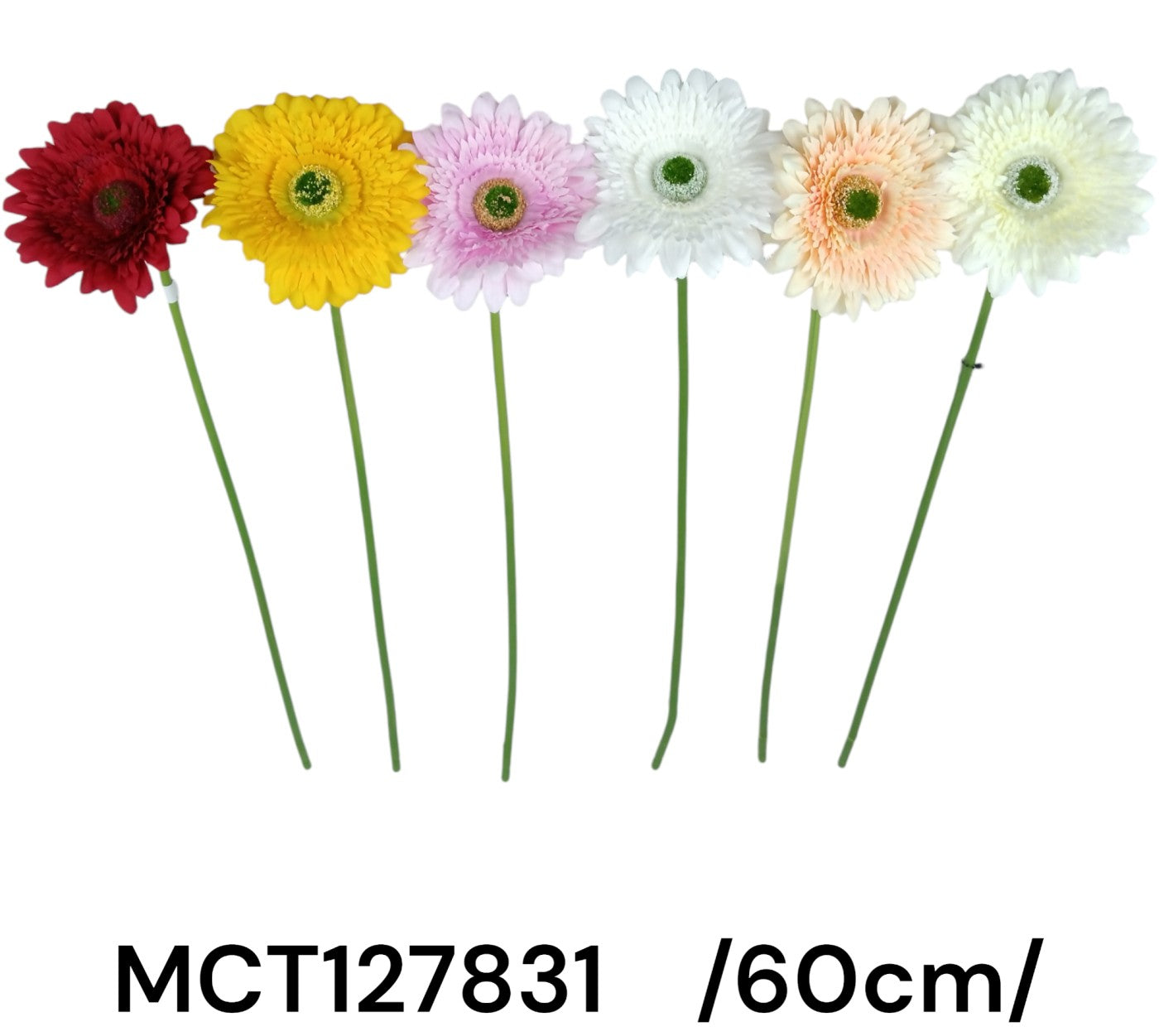 60 cm szálas gerbera (sok kis réteggel, zöld reszelékes középpel)