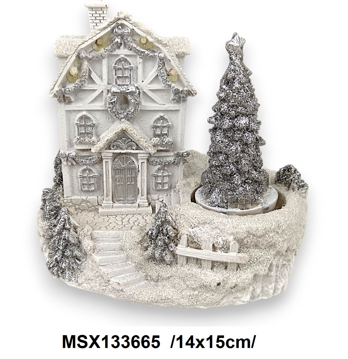 Zenélõ fehér, glitteres ház forgó fenyõvel, LEDes, elem nélkül, polirezin /14x15cm/ Fő kép