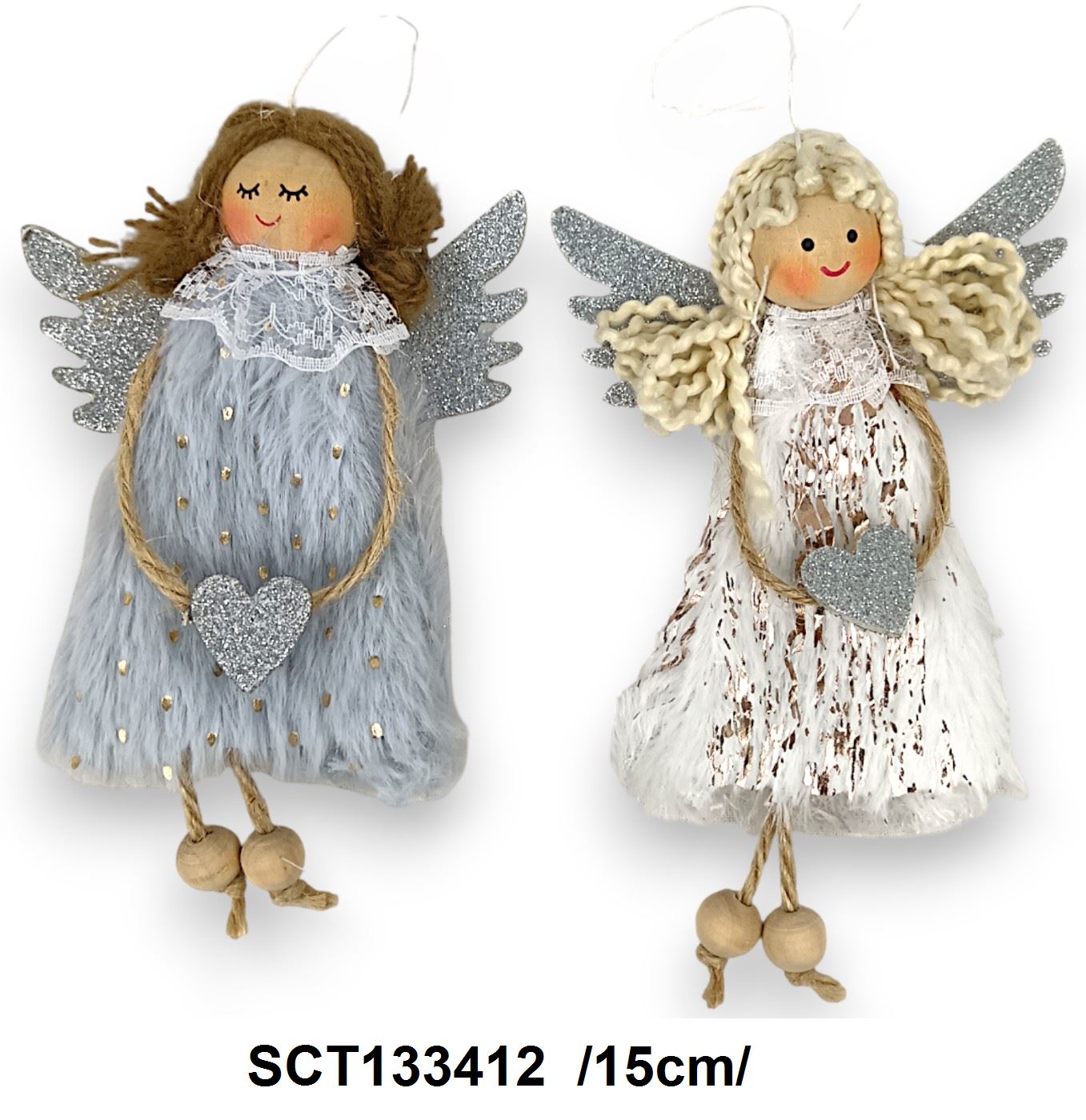 Akasztható angyalkák szõrös ruhában, glitteres szárnnyal, szívvel /15cm/