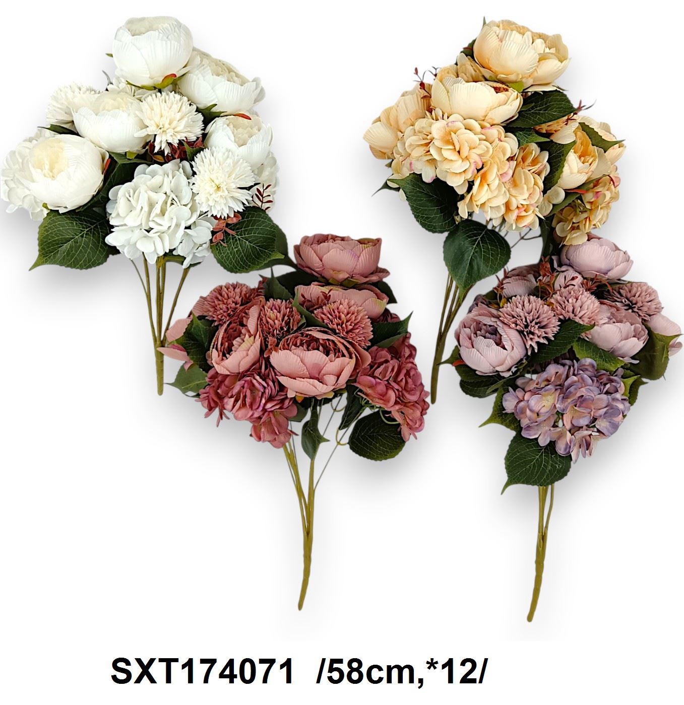 Hosszú építésû peónia, hortenzia, gömbdália csokor /58cm,*12/ Fő kép