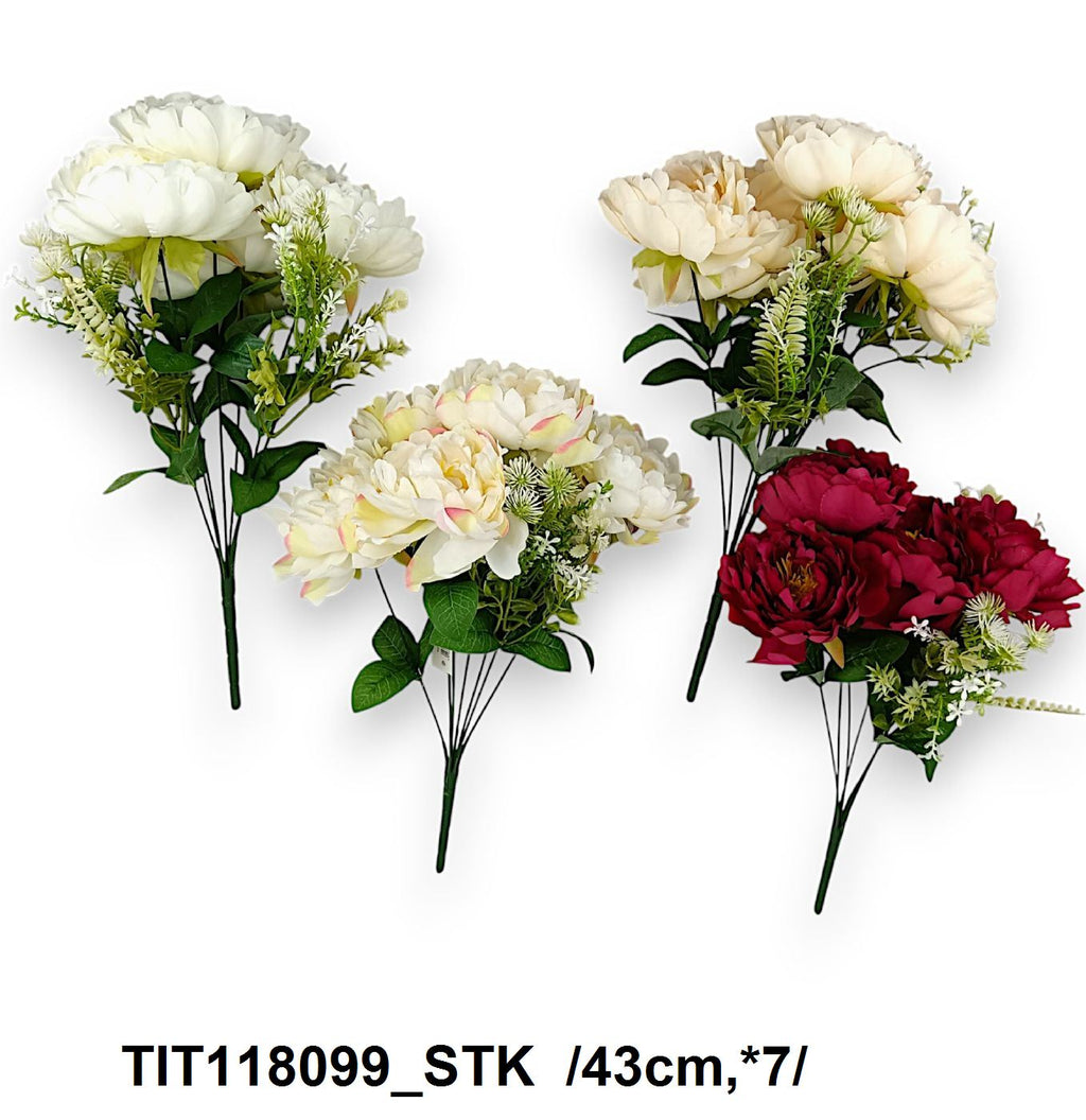 Nyílott peóniacsokor, mûanyag kiegészítõkkel és levelekkel /43cm,*7/
