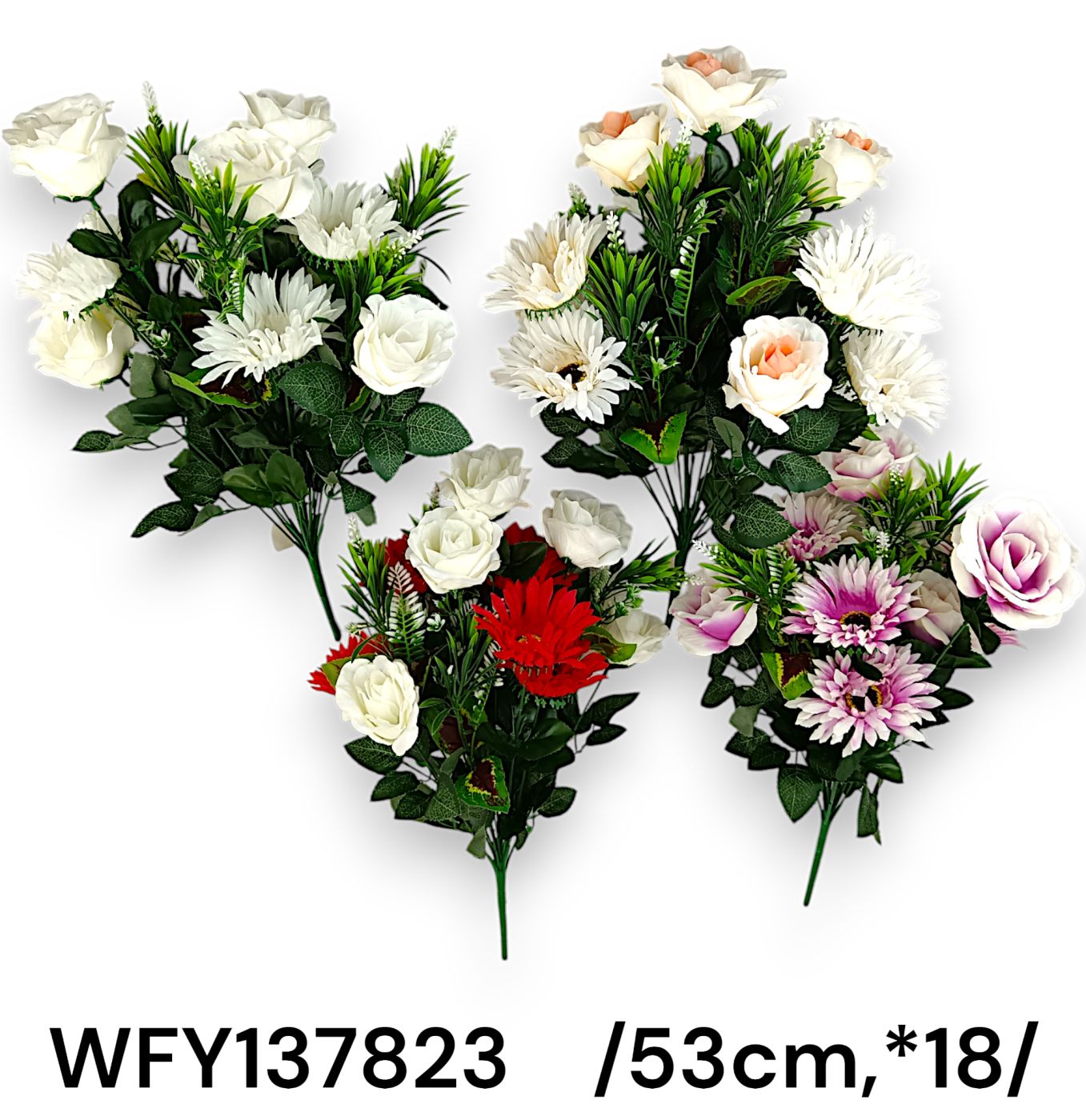 Hosszú építésû rózsa, gerbera csokor, mûanyag zölddel /53cm,*18/ Fő kép