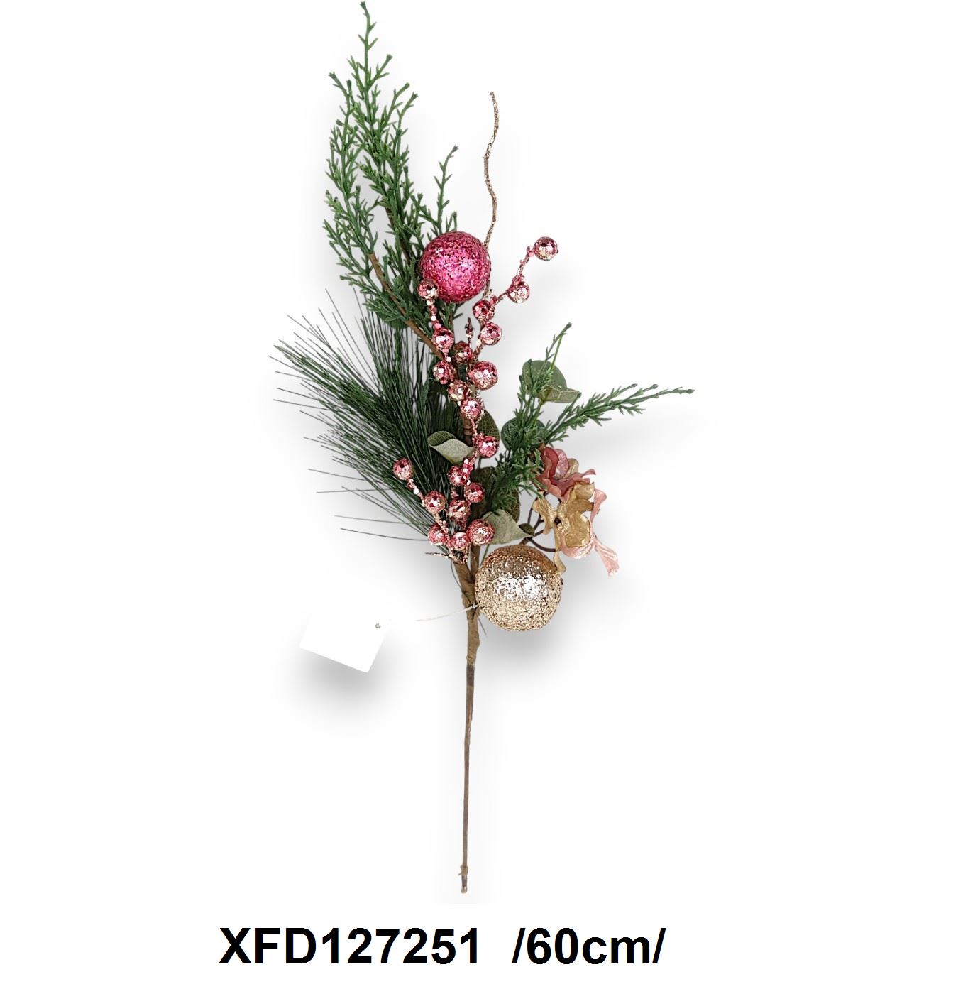 Tujás, fenyõs, glitteres gömbös ág, virágokkal és eukaliptusszal /60cm/
