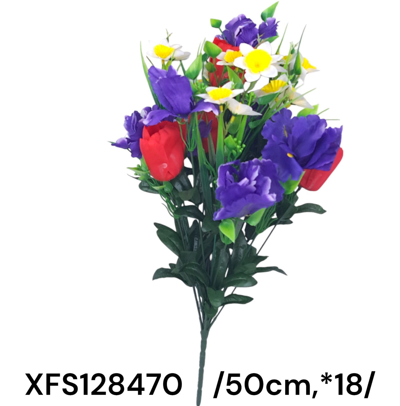 Hosszú építésû írisz, kisfejû nárcisz, tulipán csokor, mûanyag zölddel  /50cm,*18/