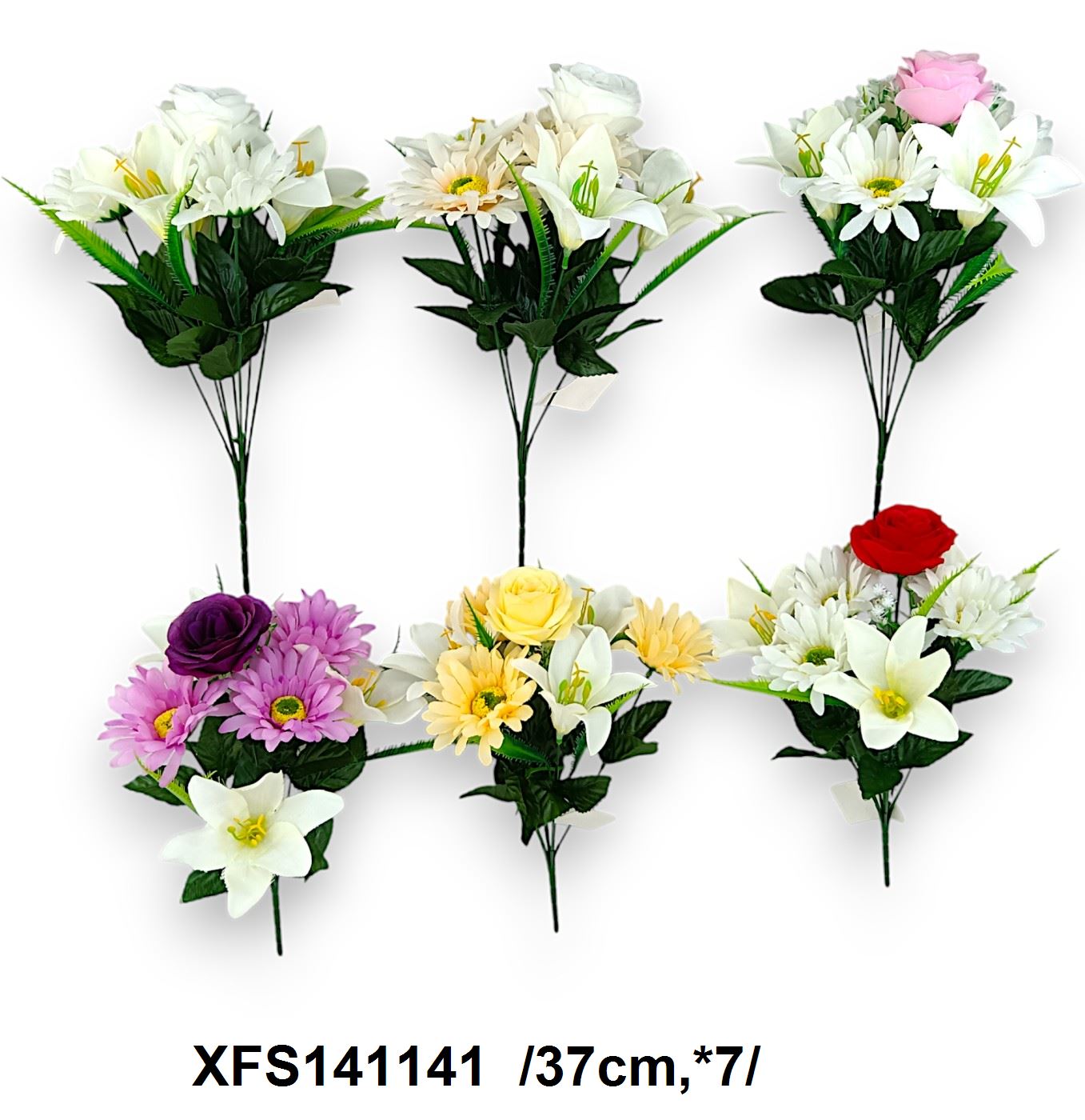 Rózsa, gerbera, liliom, vegyes csokor mûanyag fûvel /37cm,*7/ Fő kép