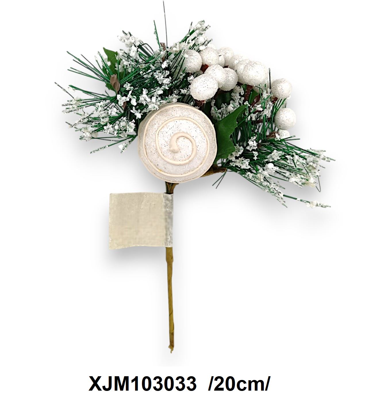 Díszített gömbös pick, havas tûfenyõ ággal, golyókkal, levelekkel /20cm/ Fő kép