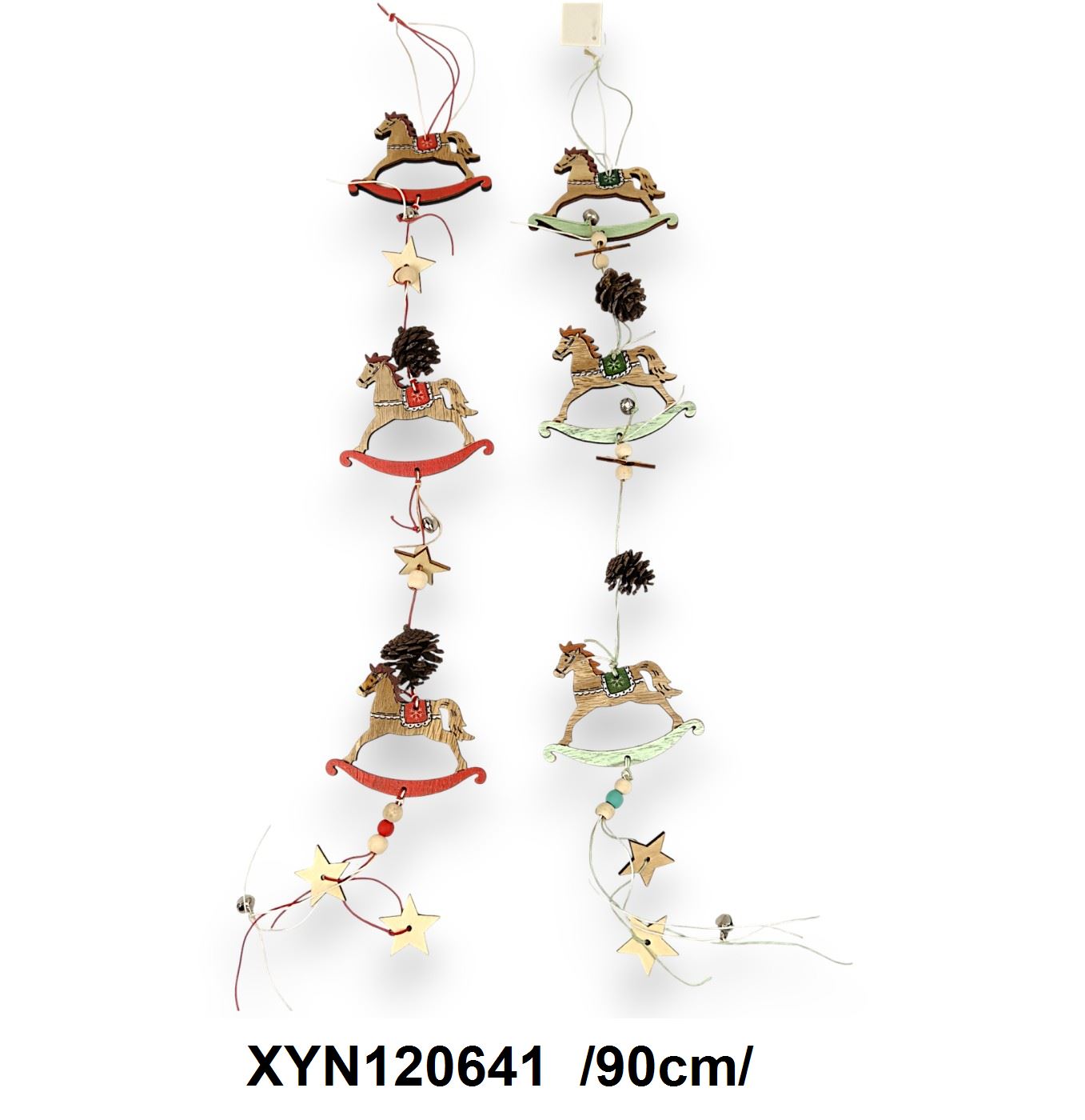 Festett fa hintalovas, csillagos, tobozos, csengettyûs girland /90cm/ Fő kép