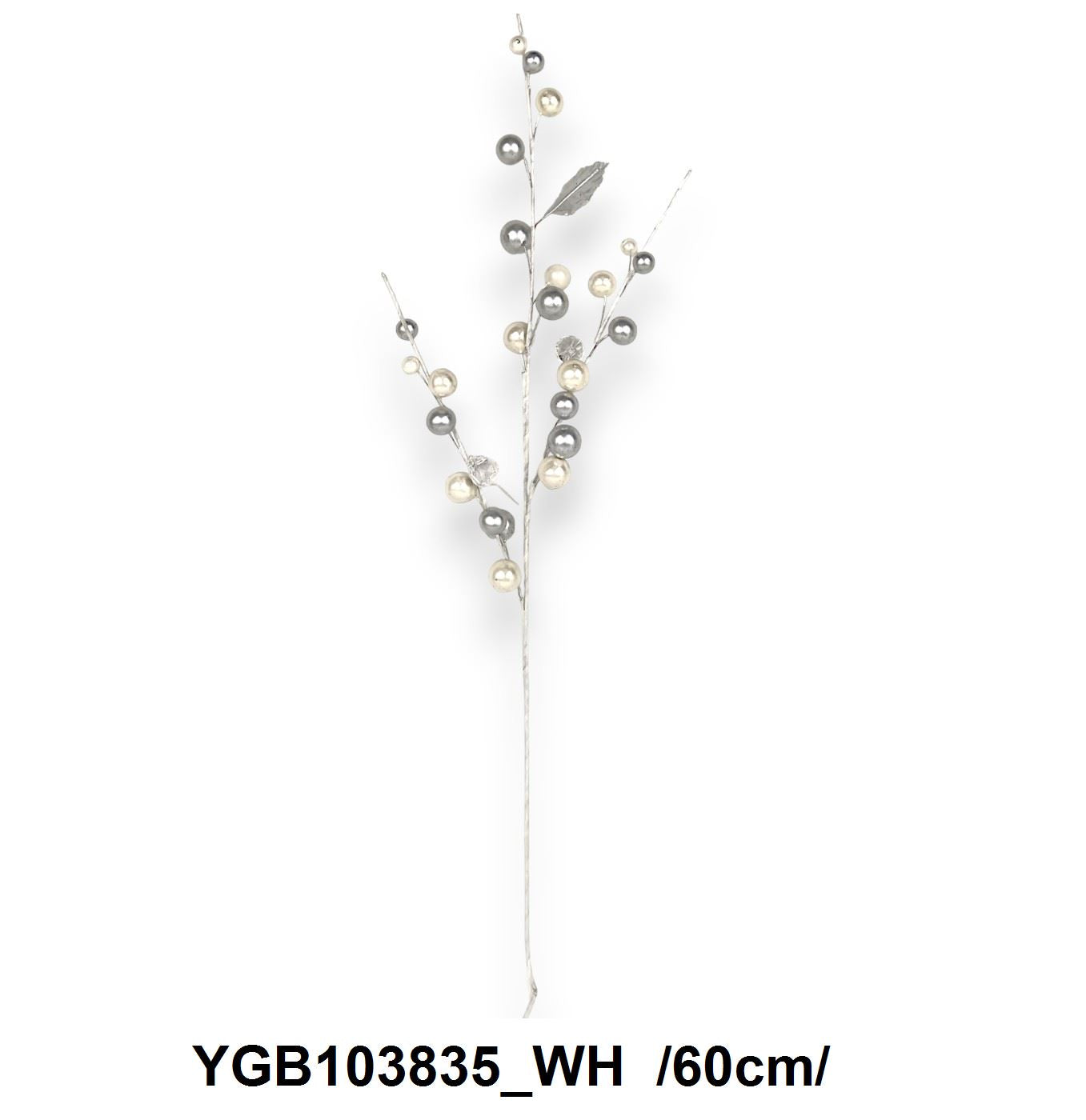 Fehér-ezüst golyós ág, glitteres golyókkal, gyönggyel /60cm/ Fő kép